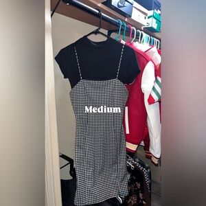 Black & White Gingham Slip Dress with Black Tee Layered Look